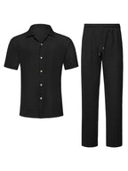 Men's 2-Piece Short Sleeve Shirt & Long Pants Set – Textured Crinkle Fabric Lounge Wear