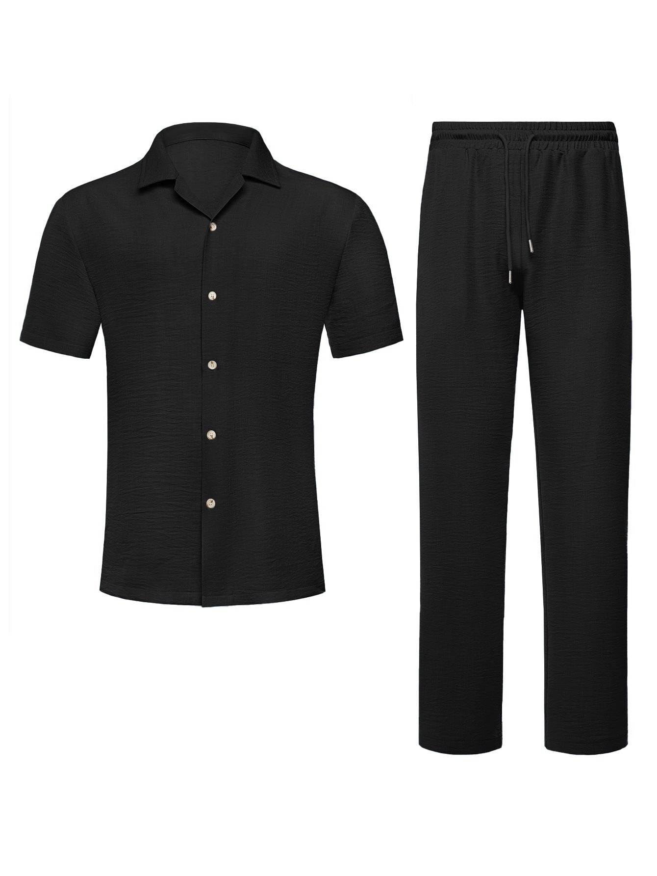 Men's 2-Piece Short Sleeve Shirt & Long Pants Set – Textured Crinkle Fabric Lounge Wear