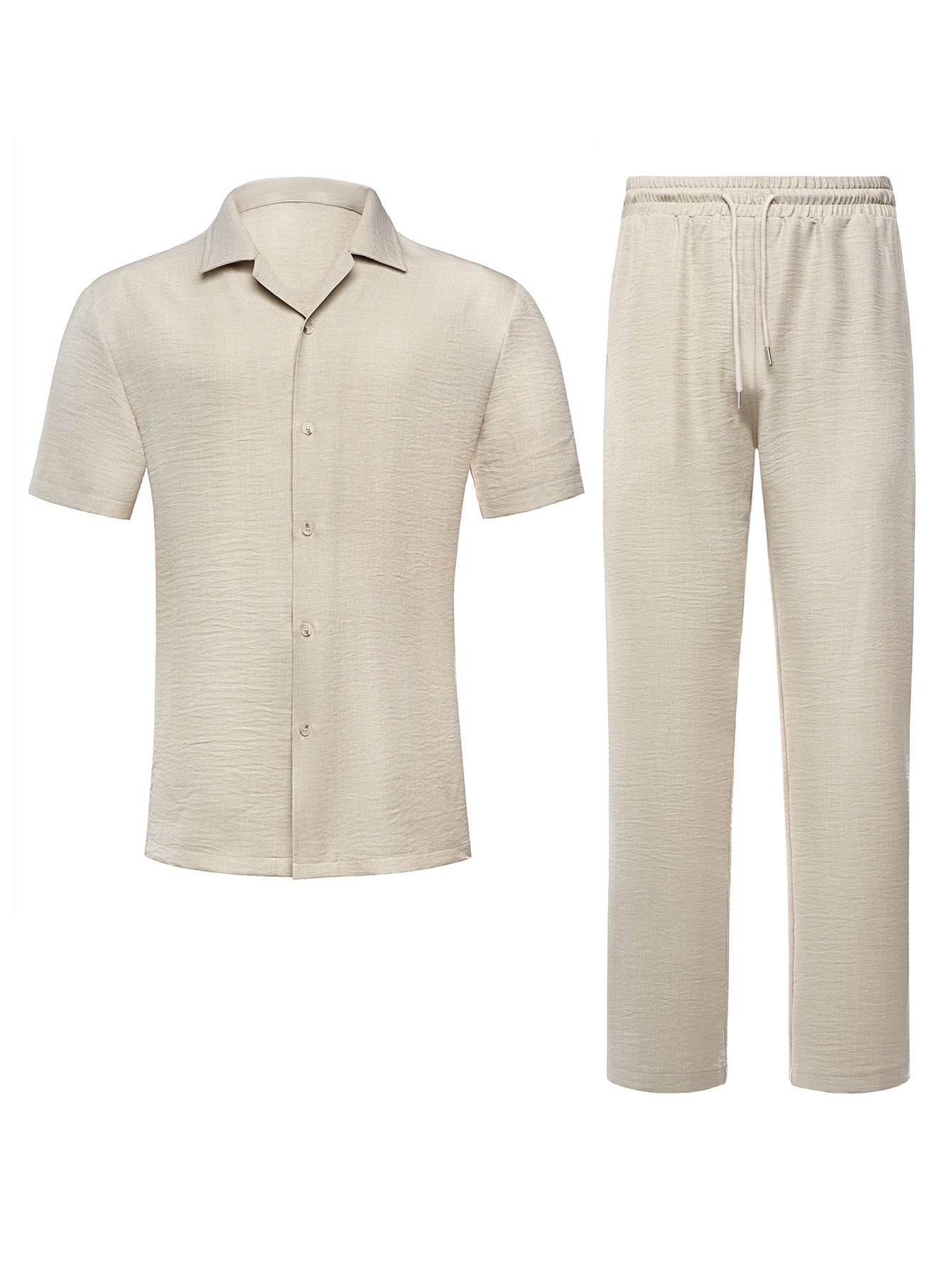 Men's 2-Piece Short Sleeve Shirt & Long Pants Set – Textured Crinkle Fabric Lounge Wear
