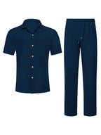Men's 2-Piece Short Sleeve Shirt & Long Pants Set – Textured Crinkle Fabric Lounge Wear