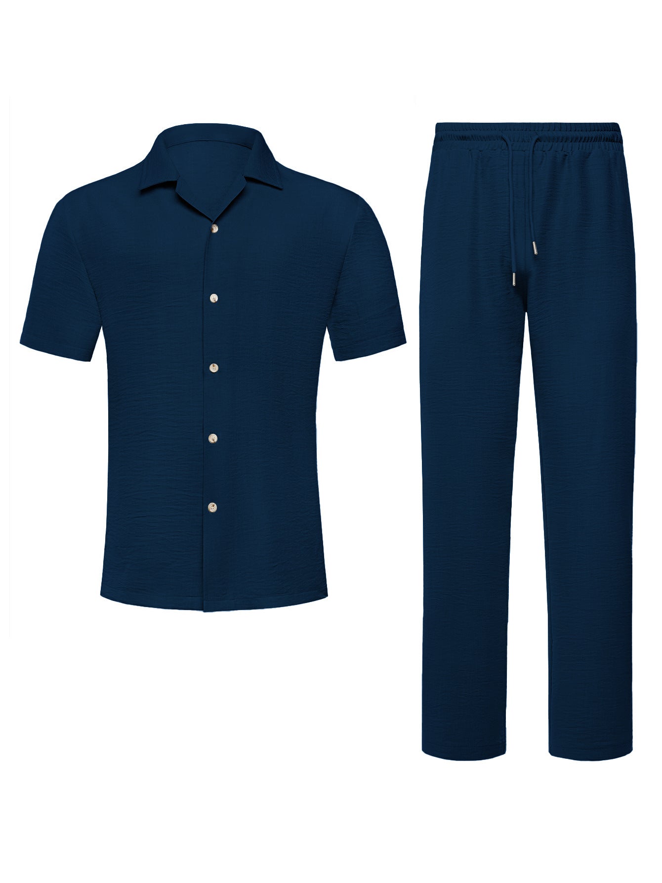 Men's 2-Piece Short Sleeve Shirt & Long Pants Set – Textured Crinkle Fabric Lounge Wear
