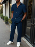 Men's 2-Piece Short Sleeve Shirt & Long Pants Set – Textured Crinkle Fabric Lounge Wear