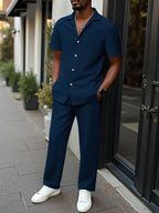 Men's 2-Piece Short Sleeve Shirt & Long Pants Set – Textured Crinkle Fabric Lounge Wear
