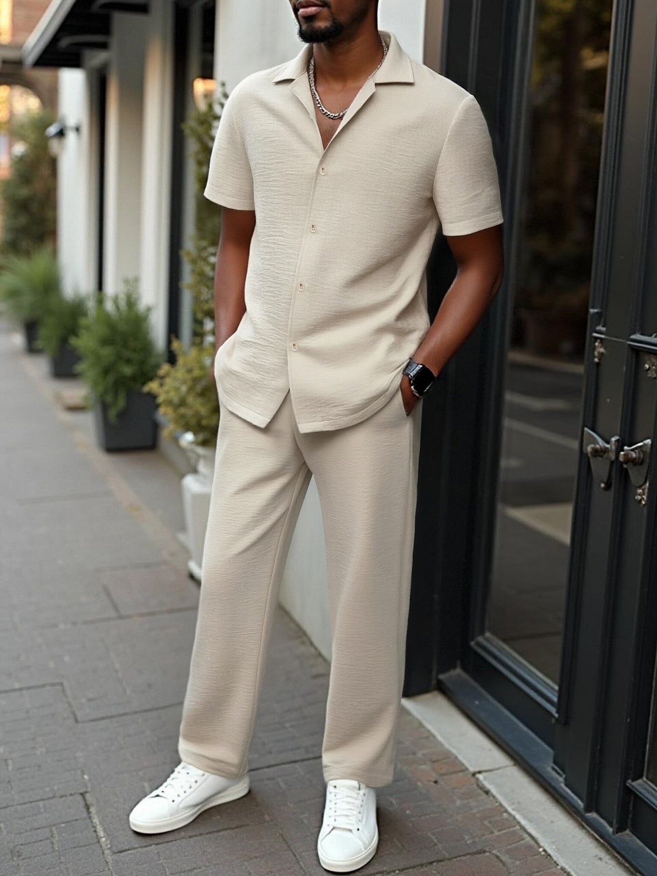 Men's 2-Piece Short Sleeve Shirt & Long Pants Set – Textured Crinkle Fabric Lounge Wear