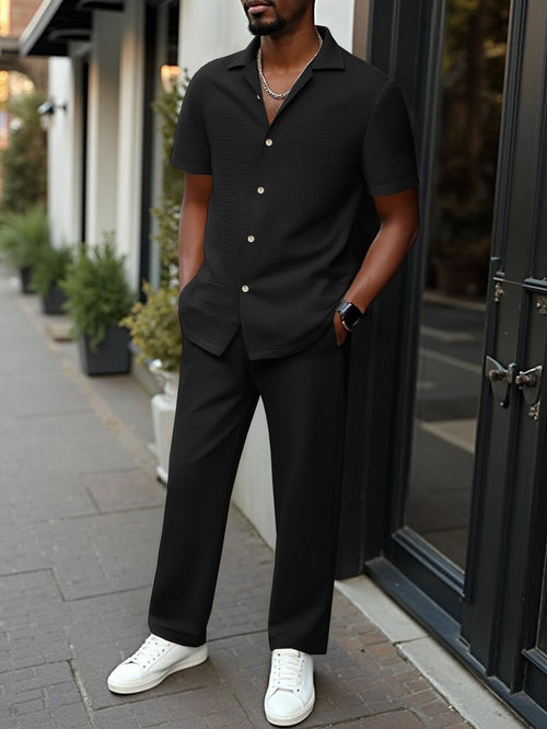 Men's 2-Piece Short Sleeve Shirt & Long Pants Set – Textured Crinkle Fabric Lounge Wear
