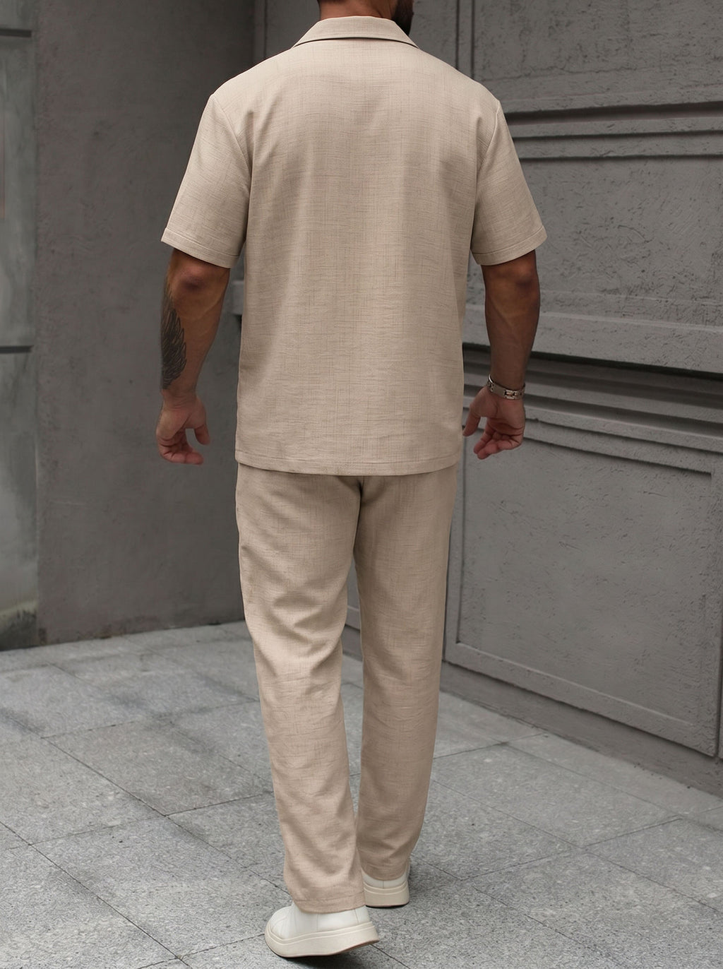 Men's Vacation Linen Blend Embroidered Shirt & Long Pants 2-Piece Set (Beige)