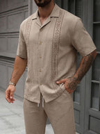 Men's Vacation Linen Blend Embroidered Shirt & Long Pants 2-Piece Set (Beige)