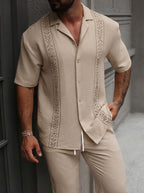 Men's Vacation Linen Blend Embroidered Shirt & Long Pants 2-Piece Set (Beige)