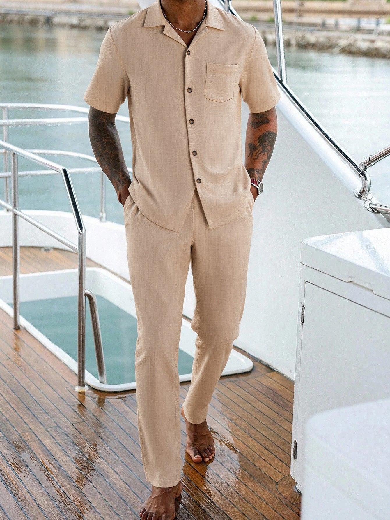 Men's Summer Yacht Vacation 2-Piece Set - Short Sleeve Button-Down Shirt & Pants