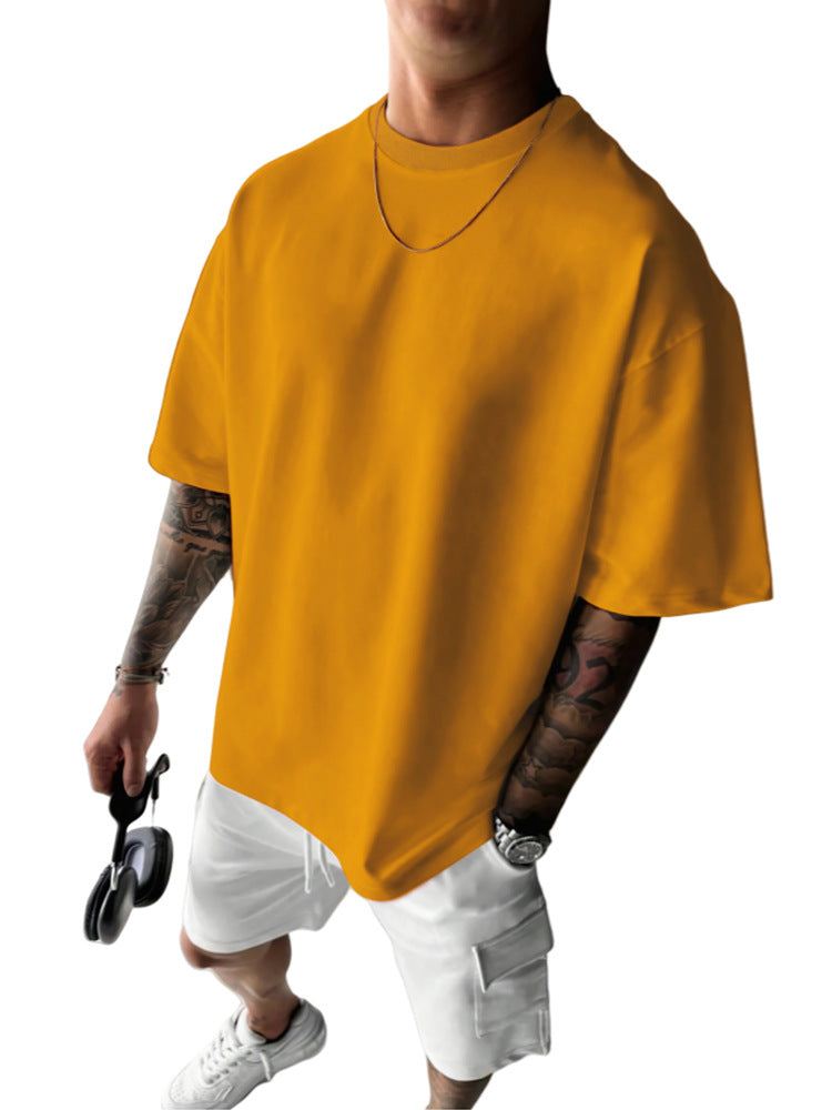 Men's Summer Ginger Yellow Solid Color Oversized Crew Neck Short Sleeve T-Shirt