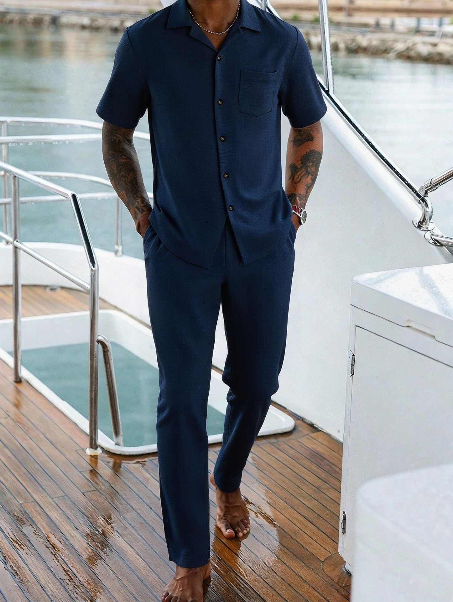 Men's Summer Yacht Vacation 2-Piece Set - Short Sleeve Button-Down Shirt & Pants