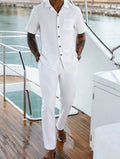Men's Summer Yacht Vacation 2-Piece Set - Short Sleeve Button-Down Shirt & Pants