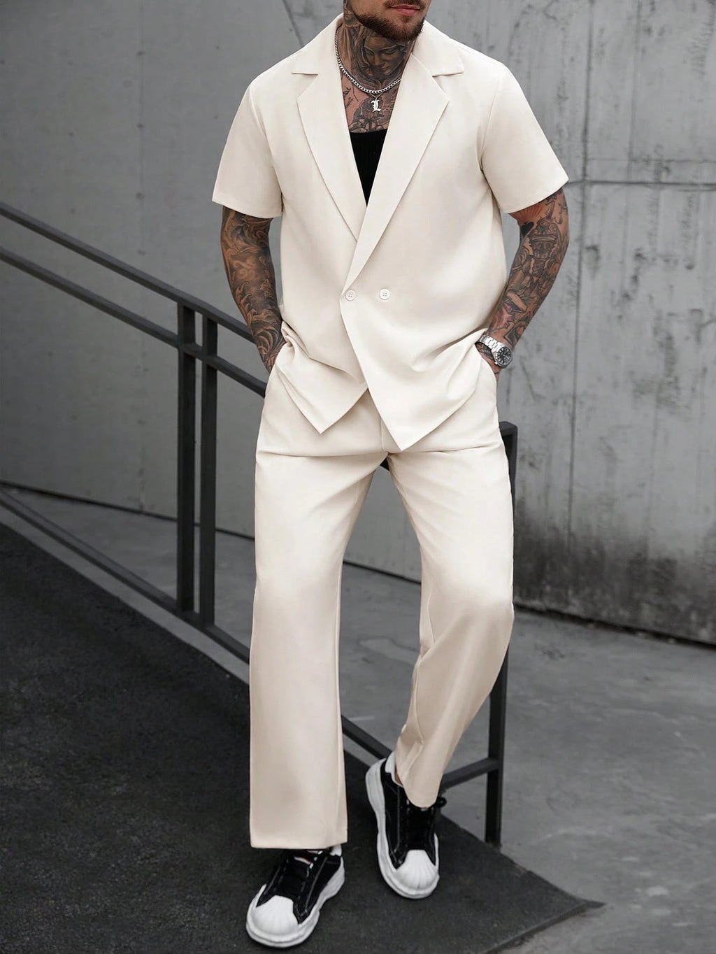 Men's Cream Short Sleeve Double-Breasted Loose Suit Set 2-Piece Casual Blazer & Pants