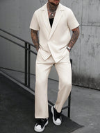 Men's Cream Short Sleeve Double-Breasted Loose Suit Set 2-Piece Casual Blazer & Pants