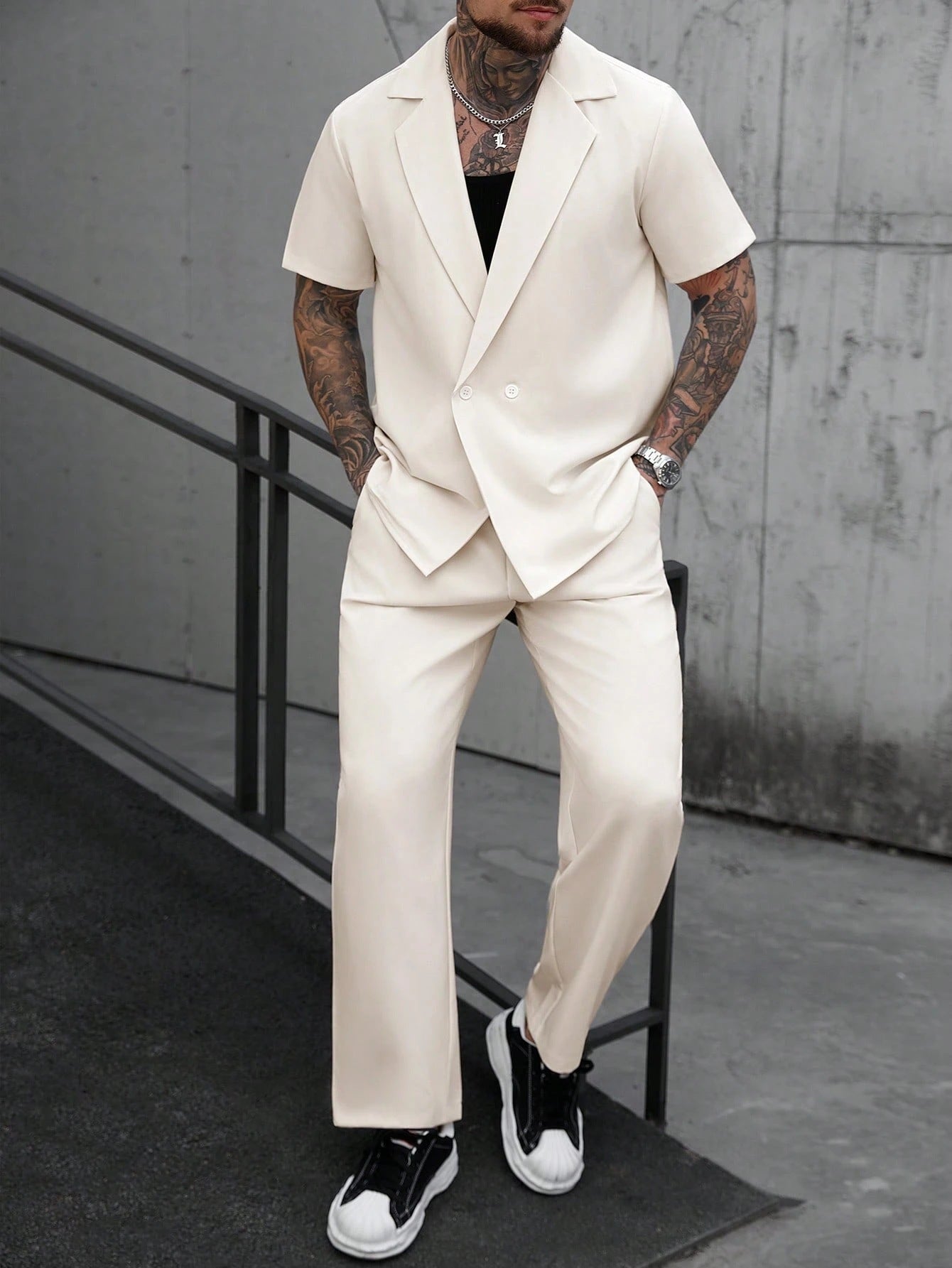 Men's Cream Short Sleeve Double-Breasted Loose Suit Set 2-Piece Casual Blazer & Pants