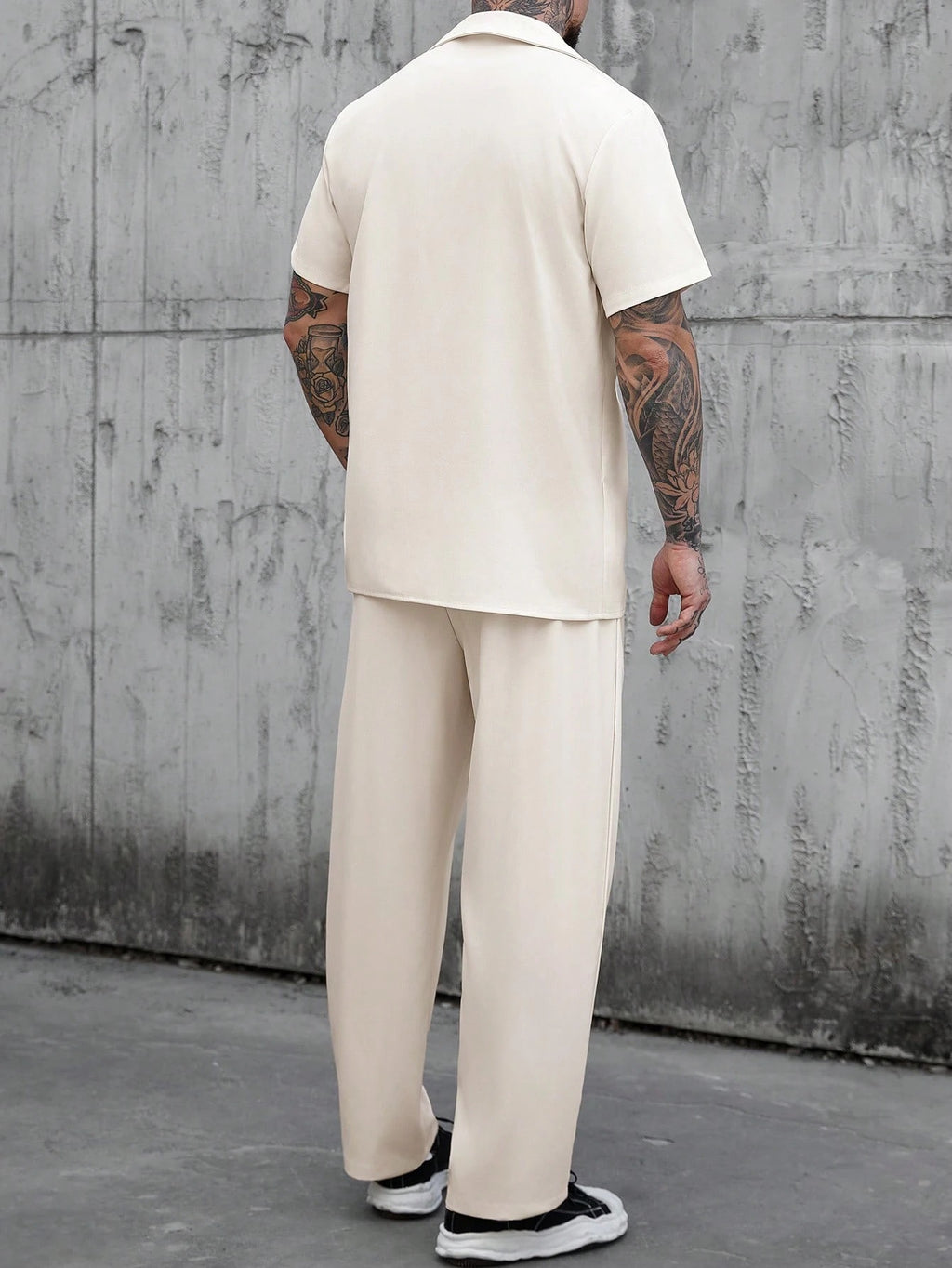 Men's Cream Short Sleeve Double-Breasted Loose Suit Set 2-Piece Casual Blazer & Pants