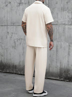 Men's Cream Short Sleeve Double-Breasted Loose Suit Set 2-Piece Casual Blazer & Pants
