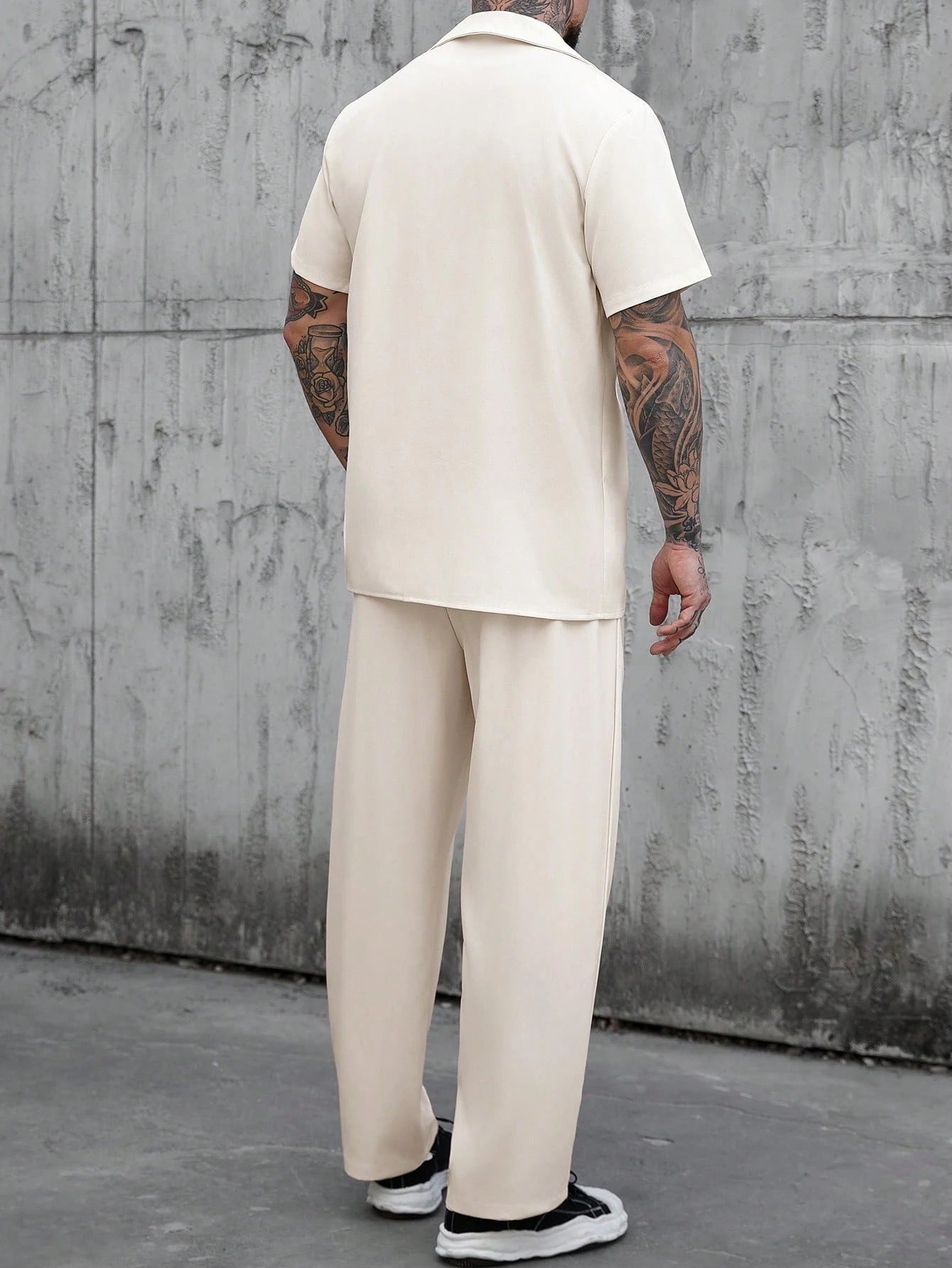 Men's Cream Short Sleeve Double-Breasted Loose Suit Set 2-Piece Casual Blazer & Pants