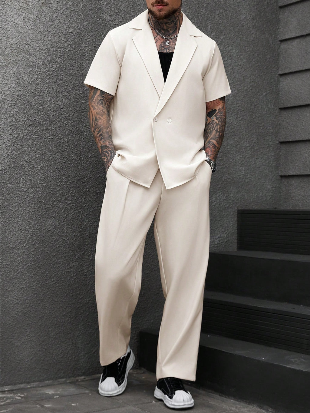Men's Cream Short Sleeve Double-Breasted Loose Suit Set 2-Piece Casual Blazer & Pants