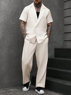 Men's Cream Short Sleeve Double-Breasted Loose Suit Set 2-Piece Casual Blazer & Pants