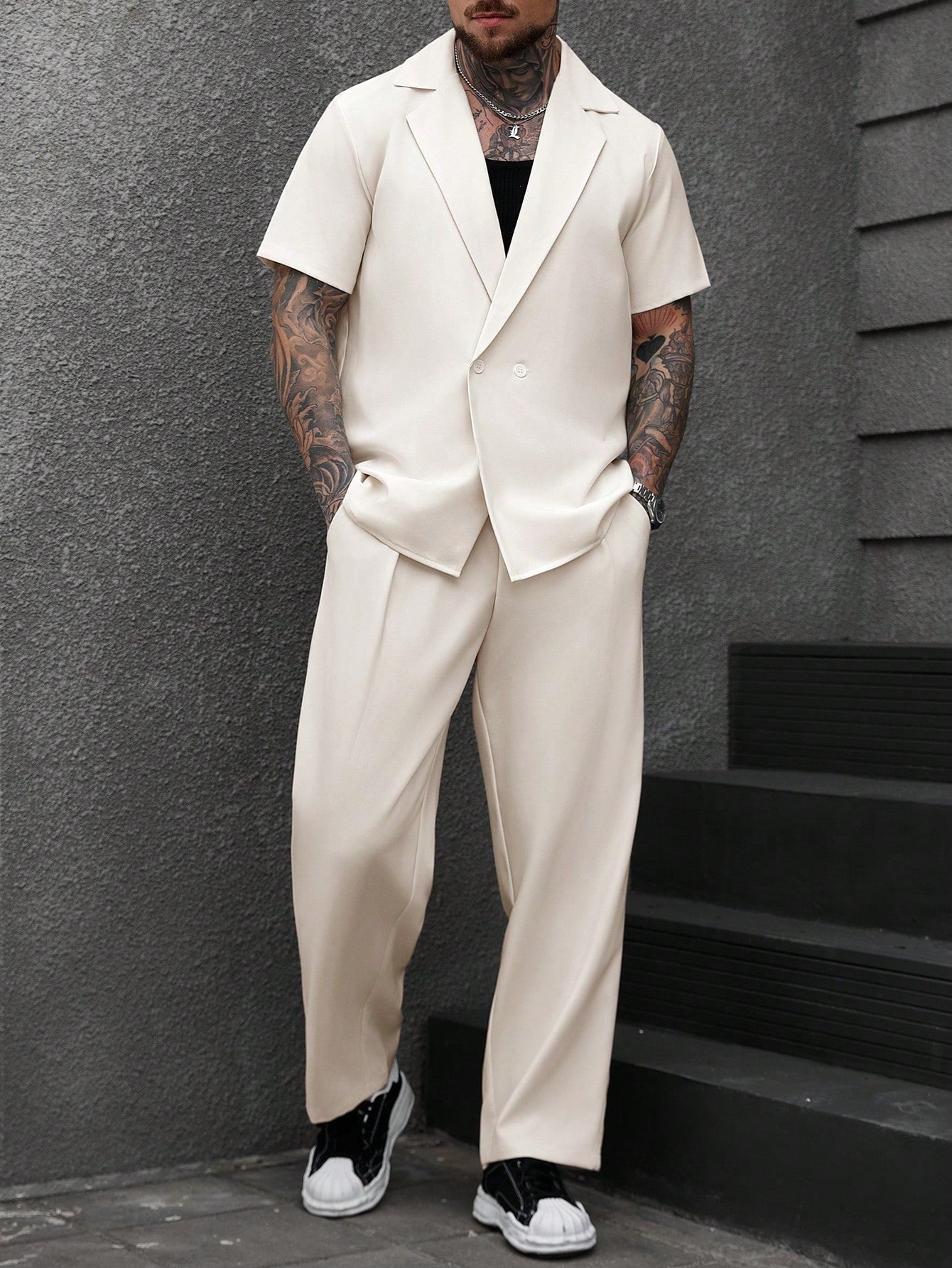 Men's Cream Short Sleeve Double-Breasted Loose Suit Set 2-Piece Casual Blazer & Pants