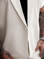 Men's Cream Short Sleeve Double-Breasted Loose Suit Set 2-Piece Casual Blazer & Pants