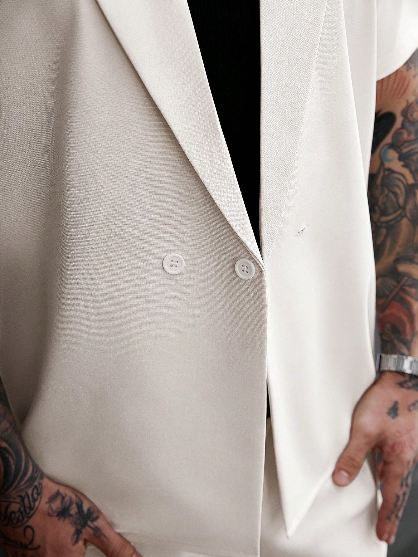 Men's Cream Short Sleeve Double-Breasted Loose Suit Set 2-Piece Casual Blazer & Pants