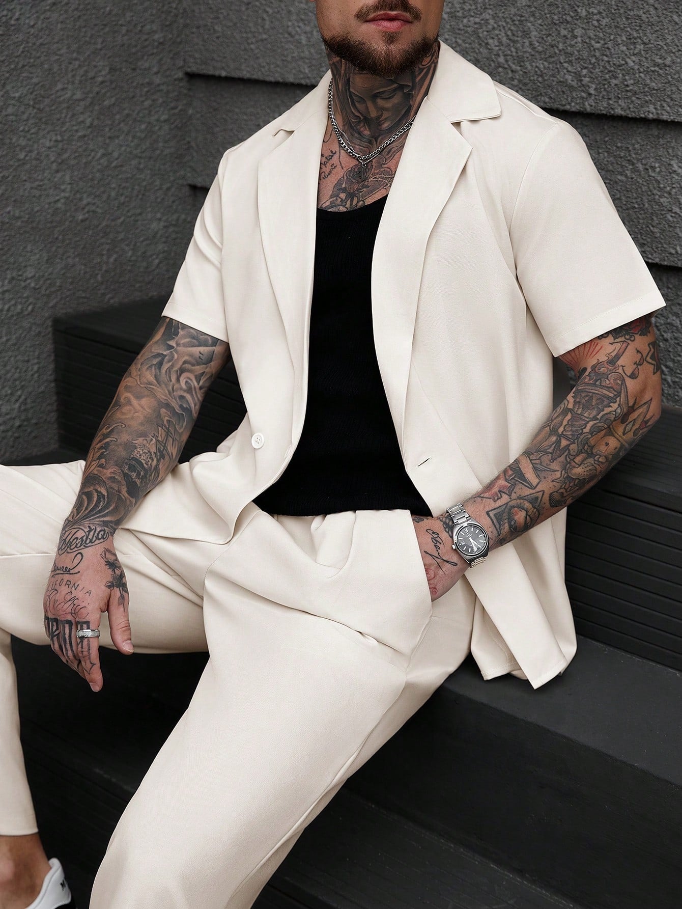 Men's Cream Short Sleeve Double-Breasted Loose Suit Set 2-Piece Casual Blazer & Pants