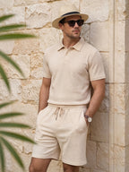 Men's Summer Vacation Diamond Textured Short Sleeve Polo Shirt & Shorts 2-Piece Set
