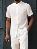 Men's Summer Linen Blend Mandarin Collar Short Sleeve Shirt & Pants 2-Piece Set