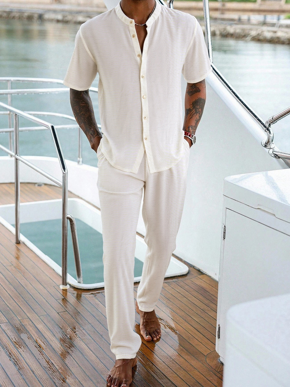 Men's Summer Linen Blend Mandarin Collar Short Sleeve Shirt & Pants 2-Piece Set