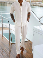 Men's Summer Linen Blend Mandarin Collar Short Sleeve Shirt & Pants 2-Piece Set