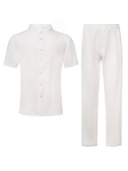 Men's Summer Linen Blend Mandarin Collar Short Sleeve Shirt & Pants 2-Piece Set