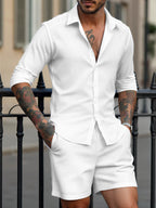 Men's Summer White Casual Long Sleeve Button-Up Shirt & Shorts 2-Piece Set