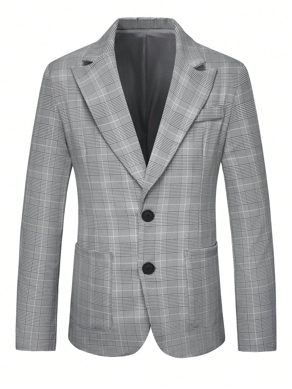 Men's Grey Plaid Single-Breasted 2-Button Blazer with Notch Lapel