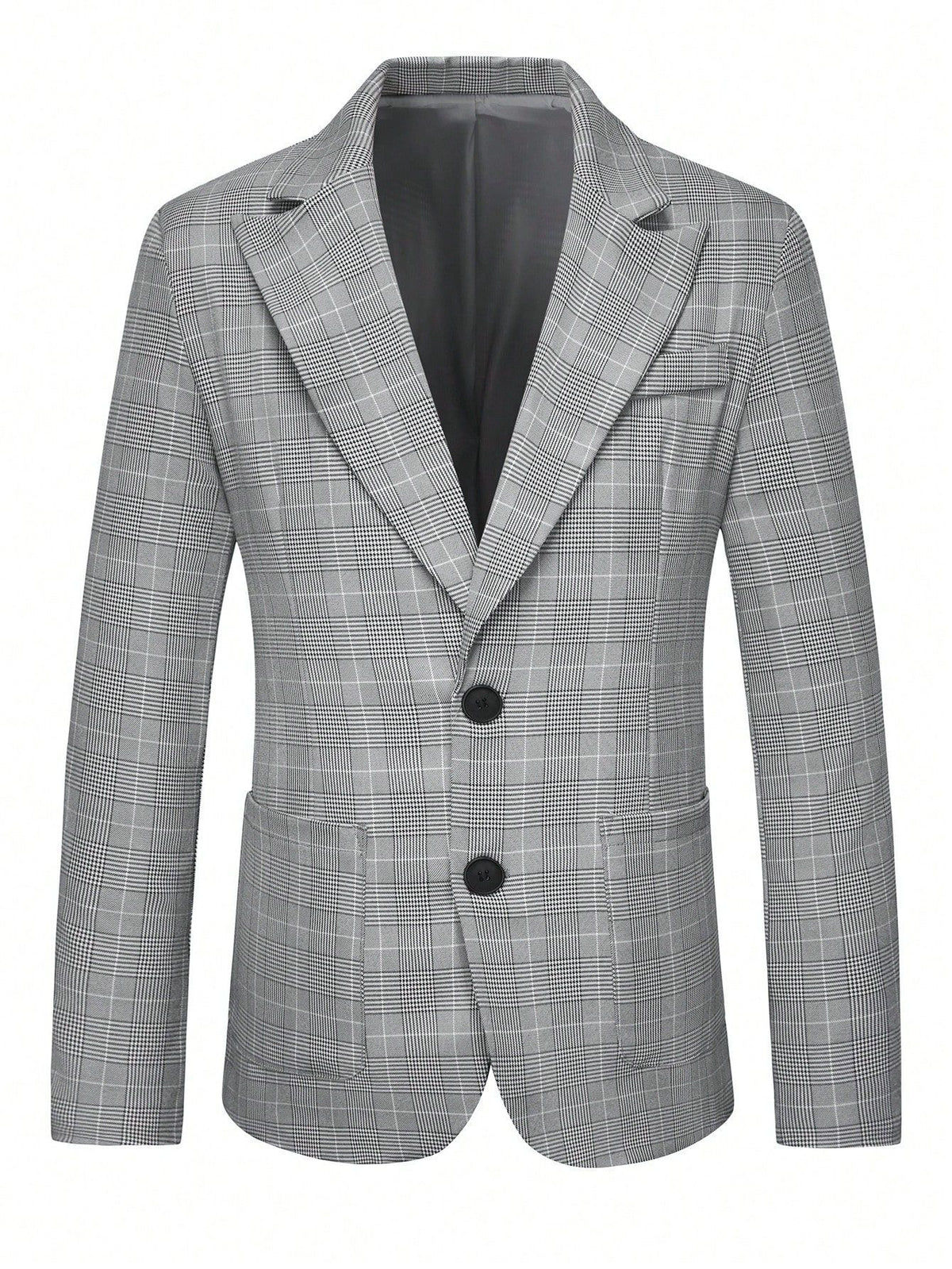 Men's Grey Plaid Single-Breasted 2-Button Blazer with Notch Lapel