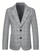 Men's Grey Plaid Single-Breasted 2-Button Blazer with Notch Lapel