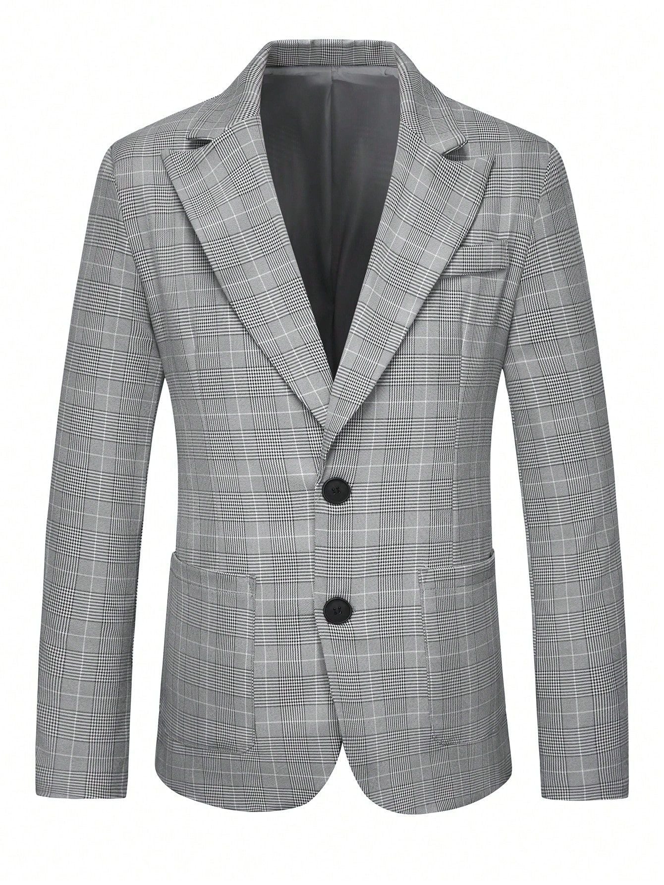 Men's Grey Plaid Single-Breasted 2-Button Blazer with Notch Lapel