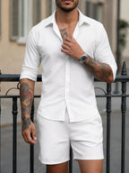 Men's Summer White Casual Long Sleeve Button-Up Shirt & Shorts 2-Piece Set