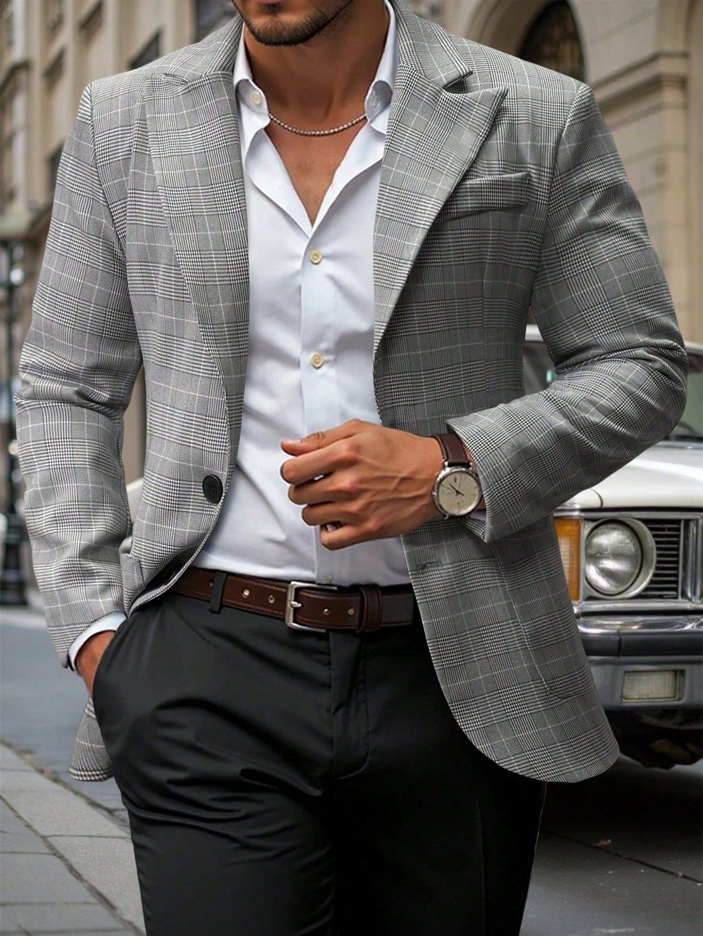 Men's Grey Plaid Single-Breasted 2-Button Blazer with Notch Lapel
