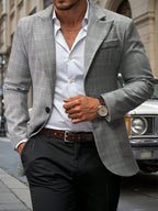 Men's Grey Plaid Single-Breasted 2-Button Blazer with Notch Lapel
