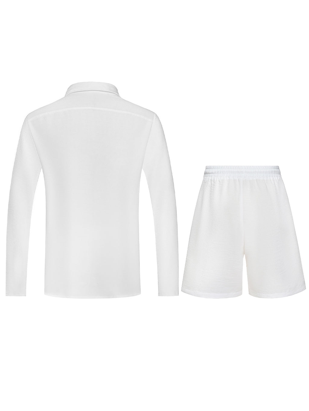 Men's Summer White Casual Long Sleeve Button-Up Shirt & Shorts 2-Piece Set