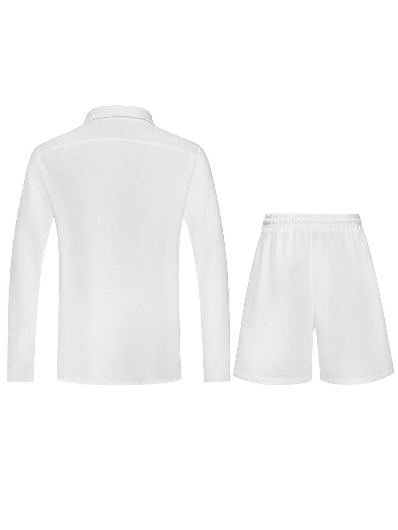 Men's Summer White Casual Long Sleeve Button-Up Shirt & Shorts 2-Piece Set