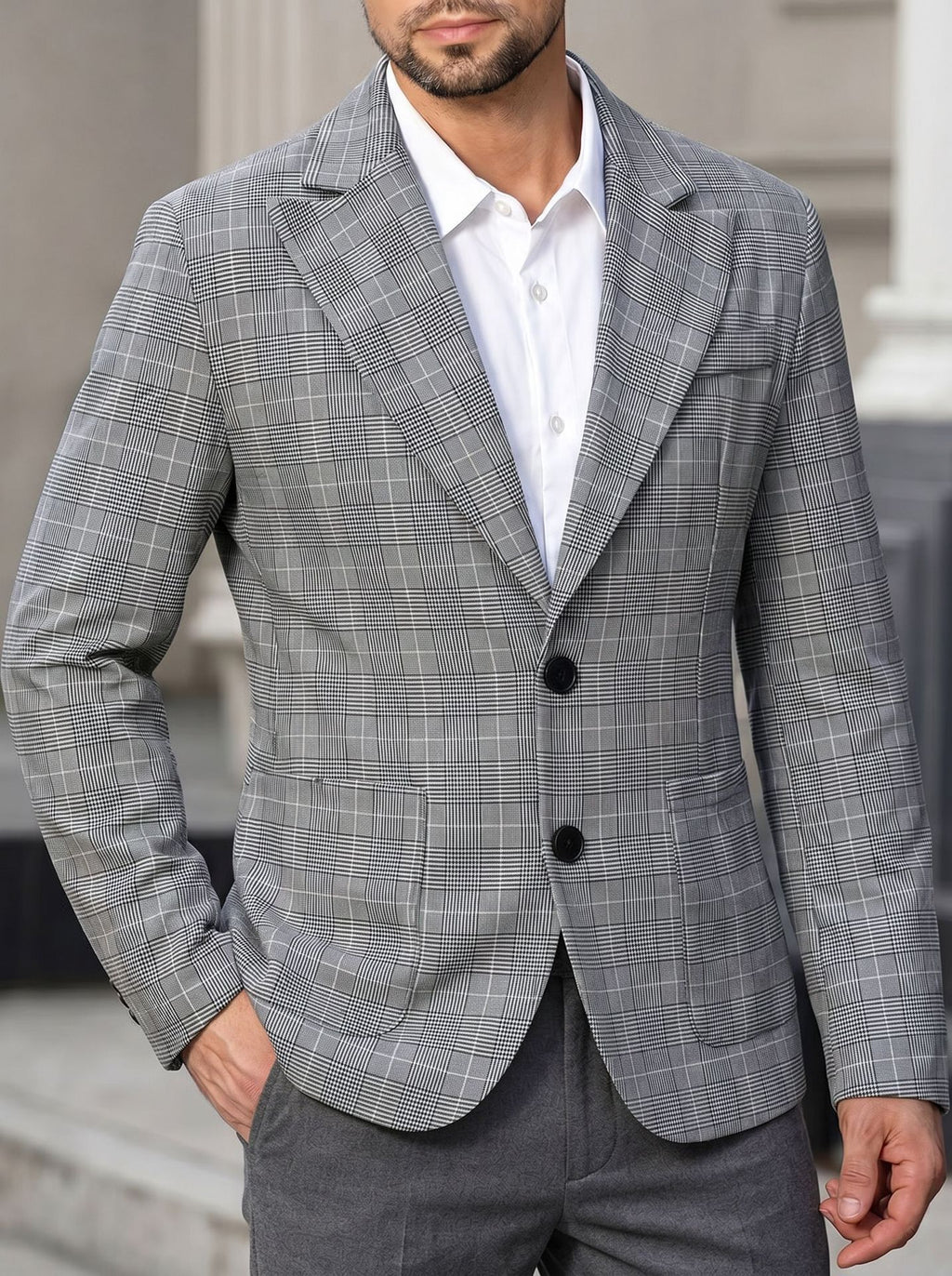 Men's Grey Plaid Single-Breasted 2-Button Blazer with Notch Lapel