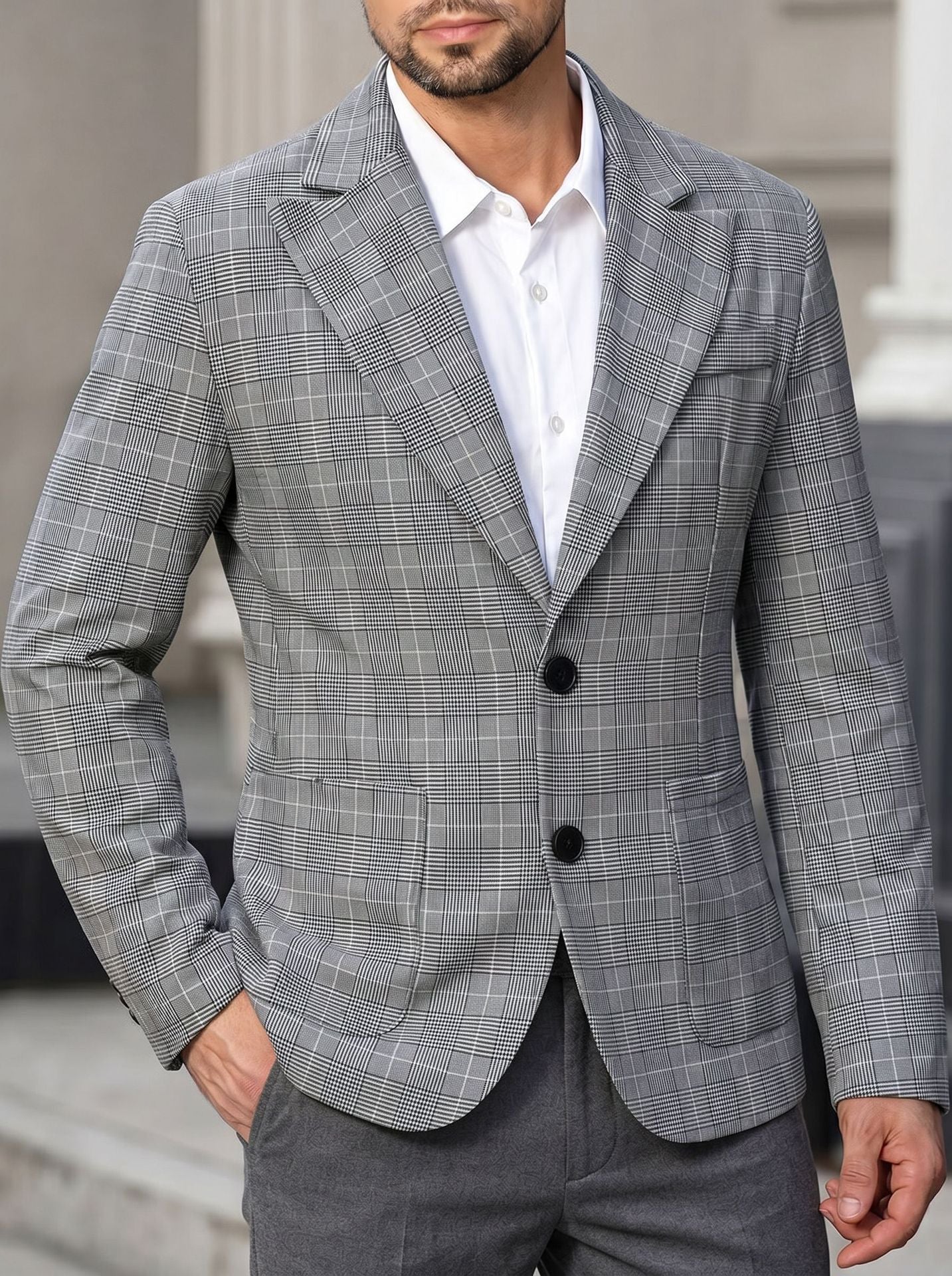 Men's Grey Plaid Single-Breasted 2-Button Blazer with Notch Lapel
