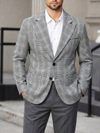 Men's Grey Plaid Single-Breasted 2-Button Blazer with Notch Lapel