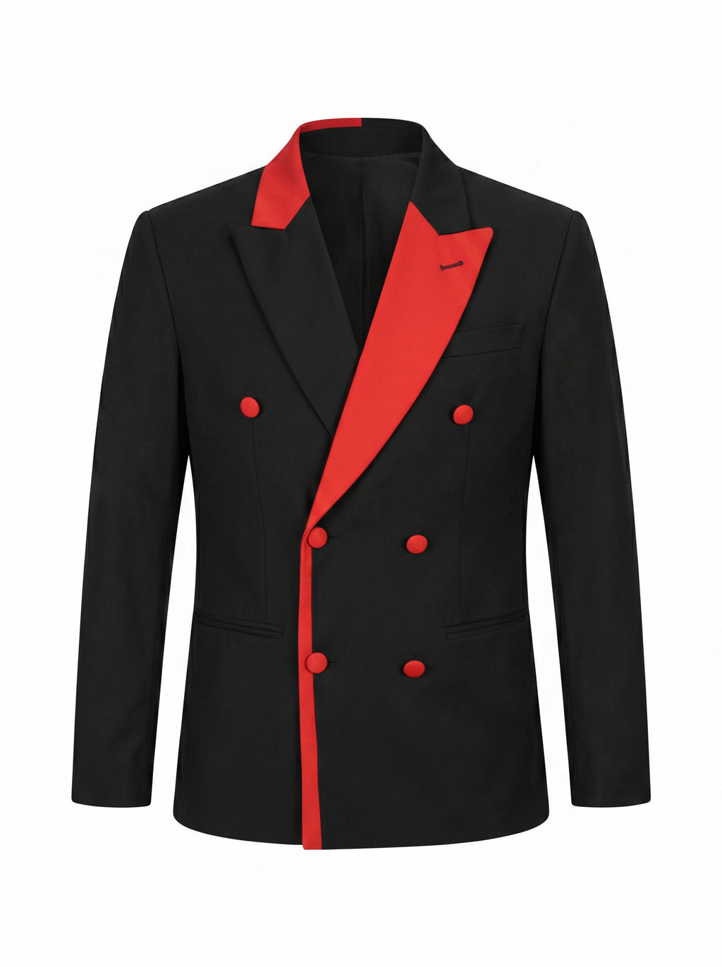 Men's Black Double-Breasted Blazer with Red Contrast Lapels and Buttons - Stage & Party Formal Jacket