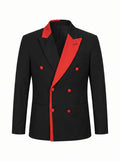 Men's Black Double-Breasted Blazer with Red Contrast Lapels and Buttons - Stage & Party Formal Jacket