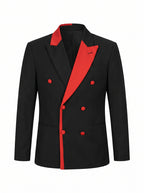 Men's Black Double-Breasted Blazer with Red Contrast Lapels and Buttons - Stage & Party Formal Jacket