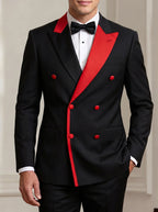 Men's Black Double-Breasted Blazer with Red Contrast Lapels and Buttons - Stage & Party Formal Jacket